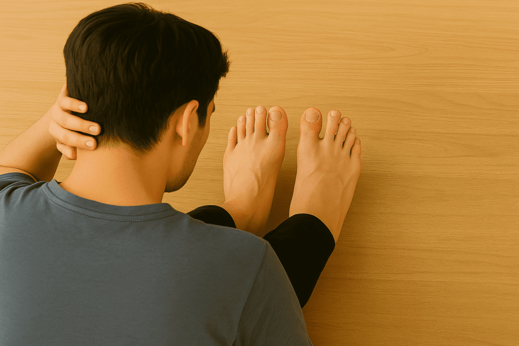 발톱을 걱정스러운 표정으로 내려다보는 남성