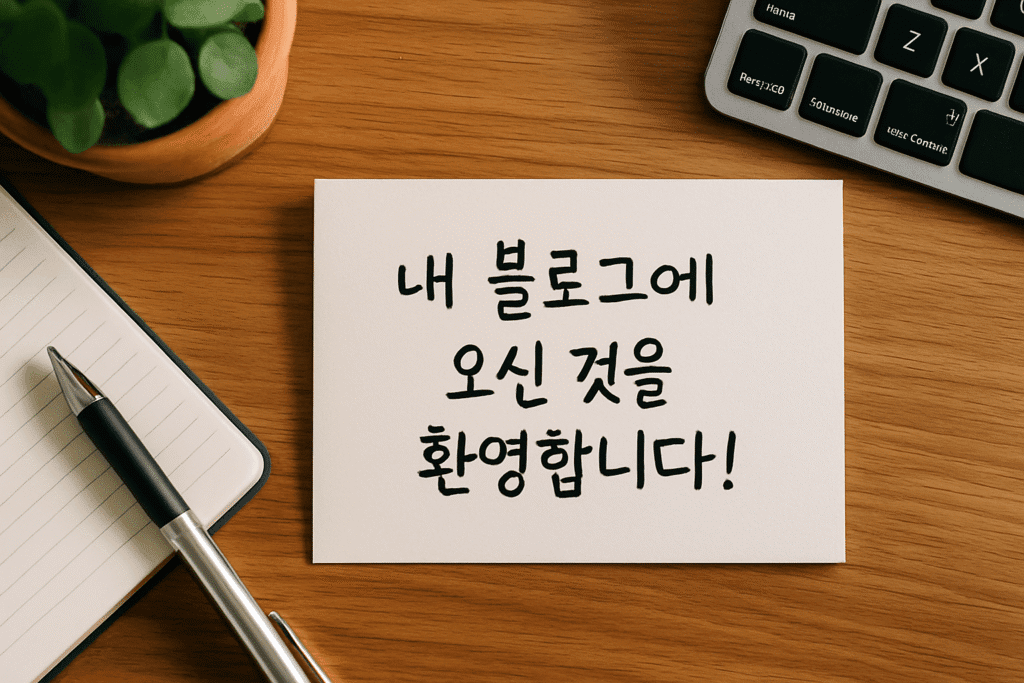 라이언문이 전하고 싶은 건강 이야기 4 나무 책상 위, 화분과 노트, 펜 옆에 놓인 한국어 인사카드: ‘내 블로그에 오신 것을 환영합니다’.