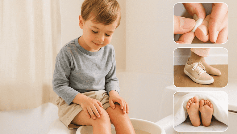 a girl sitting in a bucket족욕 중인 어린이와 함께 발 관리 장면(솜 사용, 신발, 수면)을 깔끔하게 배치한 섬네일 이미지