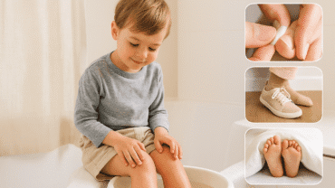 a girl sitting in a bucket족욕 중인 어린이와 함께 발 관리 장면(솜 사용, 신발, 수면)을 깔끔하게 배치한 섬네일 이미지