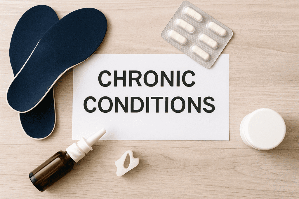 라이언문이 전하고 싶은 건강 이야기 3 'Chronic Conditions' 문구를 중심으로 발 깔창, 습진 크림, 약품이 배치된 평면 사진.