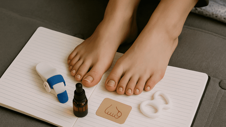 내성발톱 자가치료를 위해 두발 앞에 통증을 다스릴수 있는 각종 약품과 도구가 나열됨