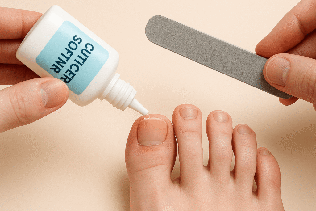 큐티클 연화제를 발톱에 바르며 부드럽게 손질하는 모습.