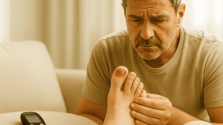 혈당측정기 옆에서 자신의 염증 있는 내성발톱을 걱정스럽게 바라보는 50대 남성