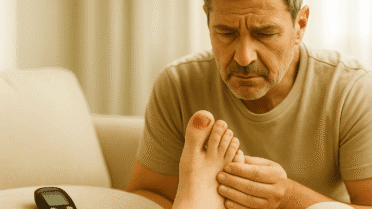 혈당측정기 옆에서 자신의 염증 있는 내성발톱을 걱정스럽게 바라보는 50대 남성