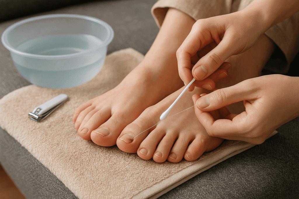 수건 위에서 면봉과 치실을 사용하여 부드러운 와이어 교정을 하는 장면.