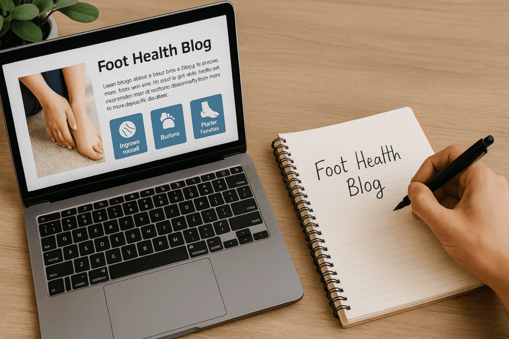라이언문이 전하고 싶은 건강 이야기 2 노트북 화면에 발 건강 블로그가 나타나 있고, 옆에 손글씨로 'Foot Health Blog'가 적힌 노트.