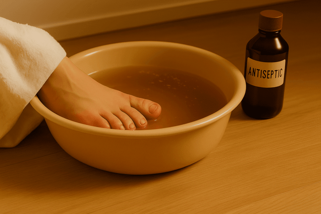 내성발톱 자가치료를 위해 따뜻한 소독수에 발을 족욕 중인 모습.