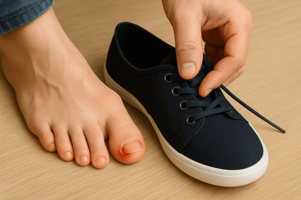 내성발톱으로 부어오른 발과 딱 맞는 신발이 나란히 놓여 있으며, 압박으로 인한 통증을 표현.