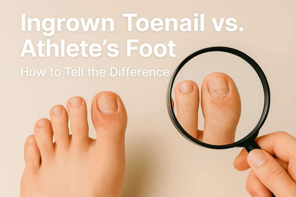 문제성 발톱 관리를 위해 돋보기로 무좀과 내성발톱의 차이를 살펴보는 이미지