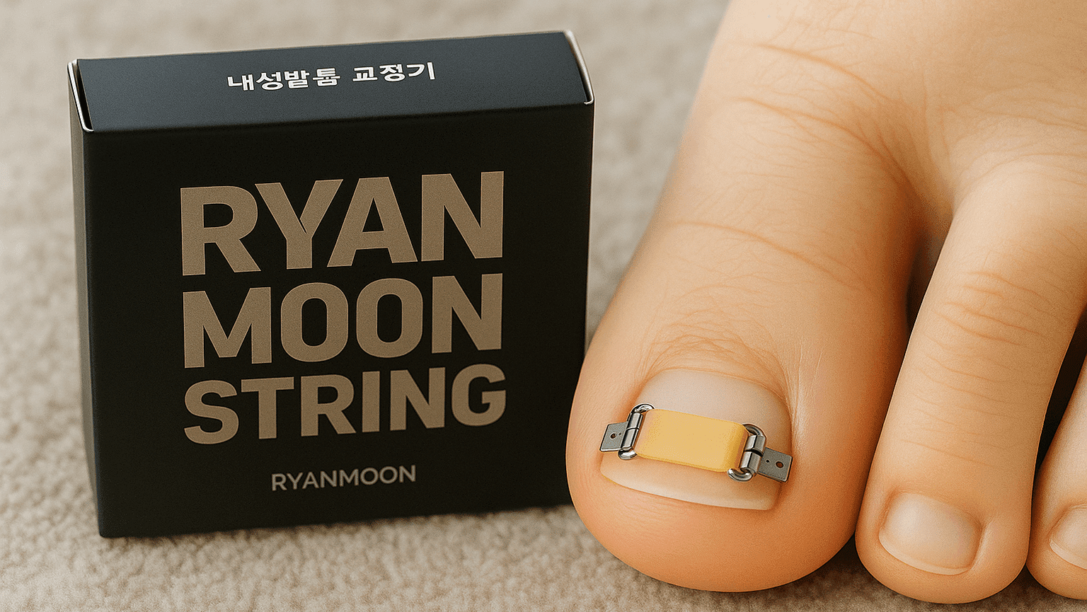 라이언문 라텍스 내성발톱 교정기 패키지가 세워져 있고 그 옆에 교정기를 착용한 발톱 부분이 약간 클로즈업