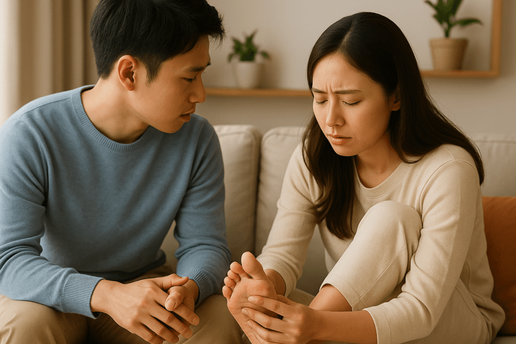 라이언문이 전하고 싶은 건강 이야기 1 거실에서 젊은 한국인 부부가 발 통증을 이야기하며 나누는 따뜻한 대화 장면.