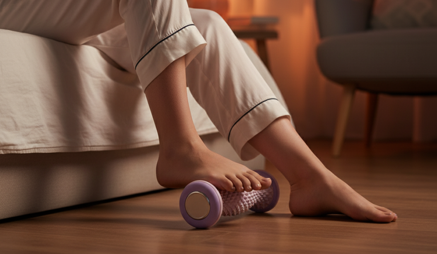족저근막염 아침 통증 : 침대에서 1분 만에 잡는 법 (족저근막염 해방일지 1일차) 3 잠옷 차림의 여성이 라이언문 풋 롤러(퍼플)를 이용해 발바닥 아치를 지압하며 예열하는 모습