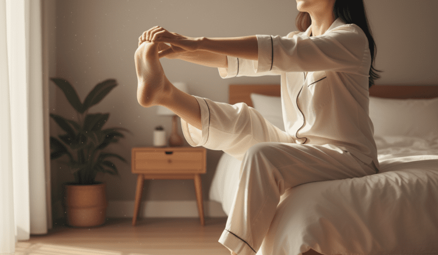 족저근막염 아침 통증 : 침대에서 1분 만에 잡는 법 (족저근막염 해방일지 1일차) 5 침대에 앉아 한쪽 발을 반대쪽 무릎 위에 올린 채 발가락 전체를 잡고 발등 쪽으로 당겨 족저근막염 스트레칭하는 모습