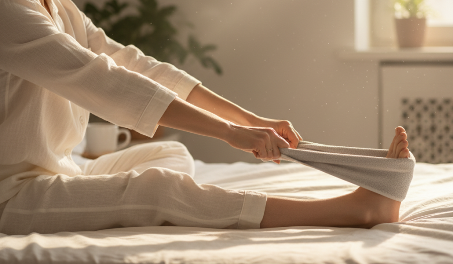 족저근막염 아침 통증 : 침대에서 1분 만에 잡는 법 (족저근막염 해방일지 1일차) 6 족저근막염 아침 통증을 잡기위해 침대에 앉아 수건을 이용해 발을 당겨 족저근막염 스트레칭 하는 모습