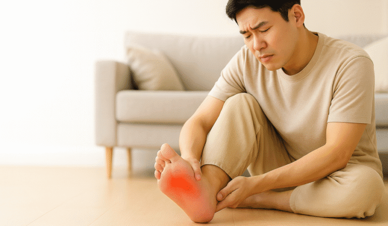 족저근막염 해방일지를 제공하고자 발바닥 통증으로 고통받는 사람을 묘사