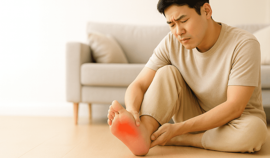 족저근막염 해방일지를 제공하고자 발바닥 통증으로 고통받는 사람을 묘사