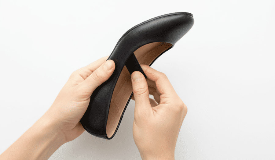 손으로 얇은 플랫슈즈의 밑창을 접어 지지력 부족을 보여주는 모습