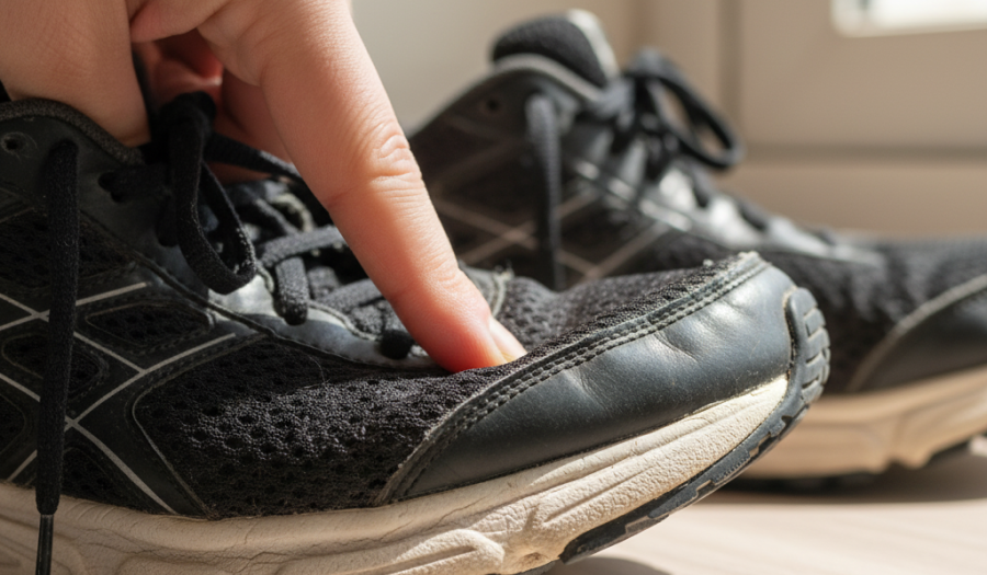 최악의 족저근막염 신발 중한쪽으로 눌려 찌그러진 낡은 운동화의 미드솔을 손으로 눌러 성능 저하를 확인하는 모습