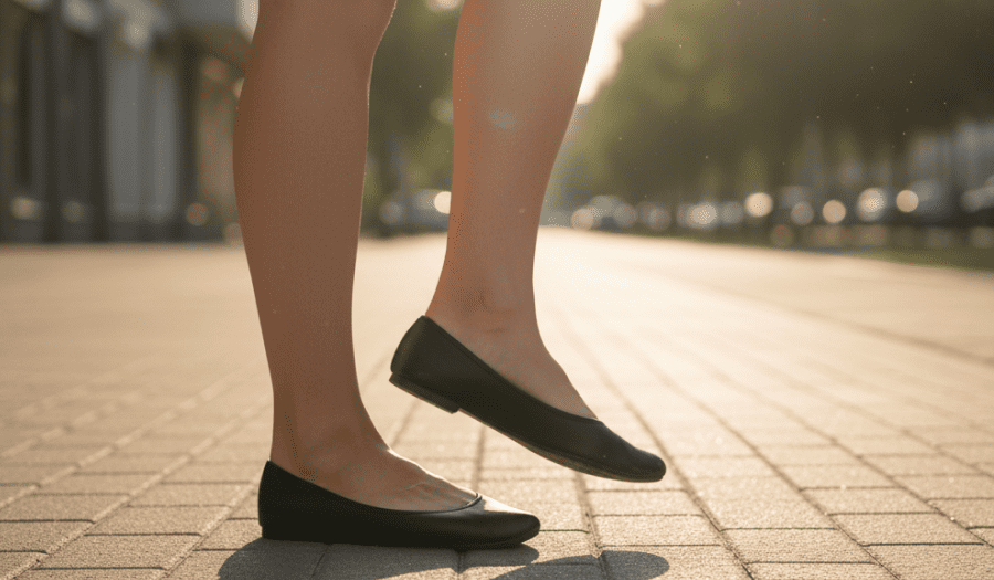 족저근막염에 안좋은 신발인 플랫슈즈로 인해 발뒤꿈치 보도블록 위에서 통증을 느끼며 멈칫하는 순간. 족저근막염 신발 중요