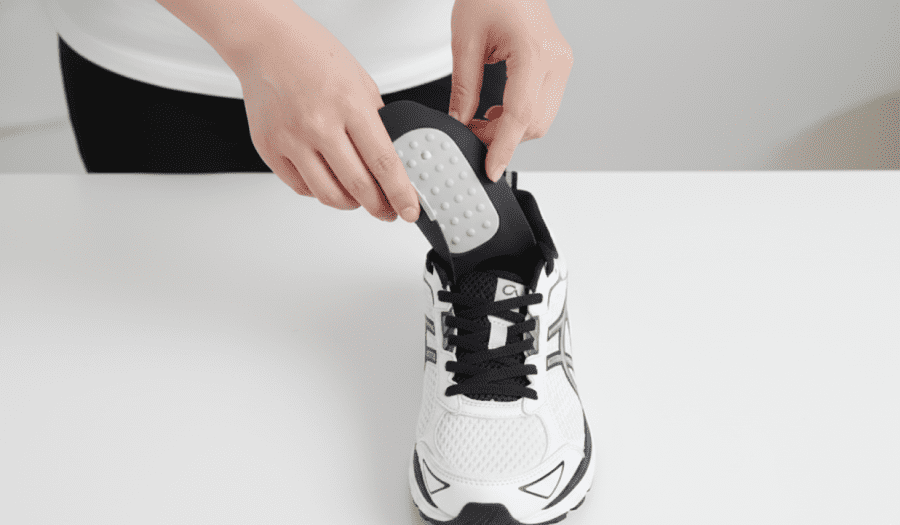 족저근막염 아침 통증 : 침대에서 1분 만에 잡는 법 (족저근막염 해방일지 1일차) 7 라이언문 족저근막염 아치깔창을 운동화에 넣어 발을 보호하는 모습