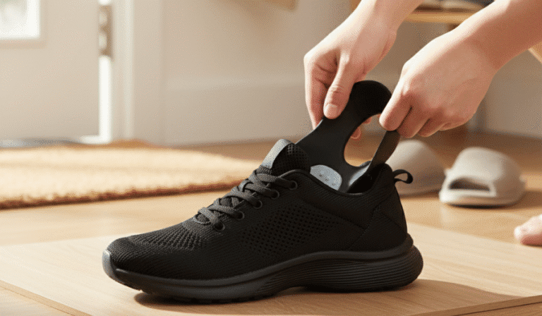 족저근막염 신발 추천 및 즉시 개선을 위해 라이언문 아치 서포트 깔창을 넣는 모습