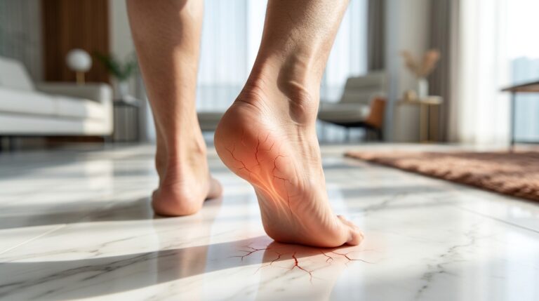 딱딱한 대리석 바닥을 맨발로 걸을 때 발뒤꿈치에 가해지는 족저근막염 충격과 발바닥 통증을 형상화한 이미지