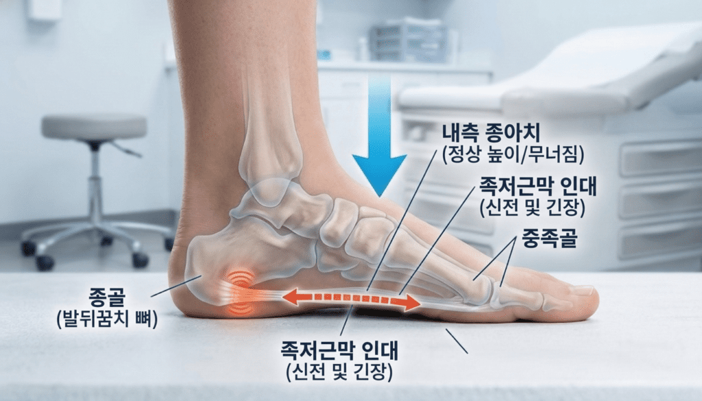 발바닥 아치 구조와 체중 부하 시 근막이 늘어나는 메커니즘 인포그래픽
