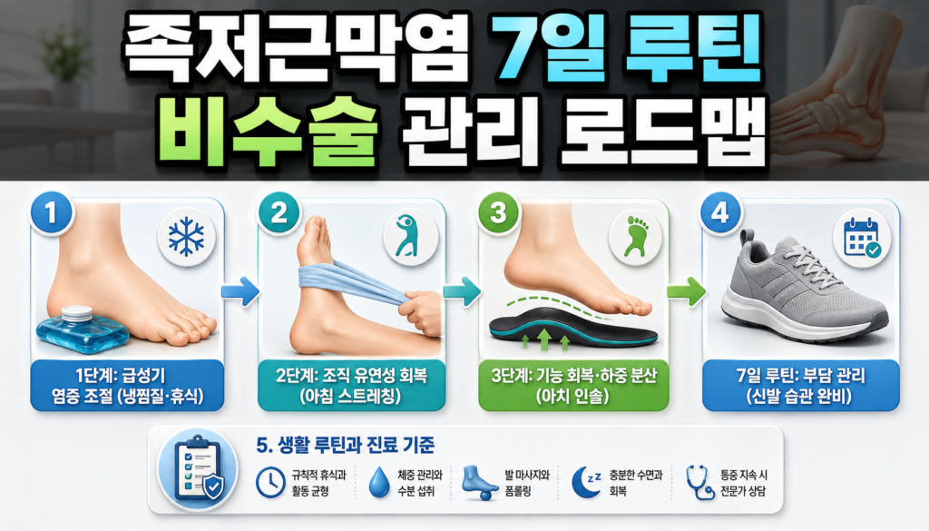 족저근막염 관리, 1주 루틴 점검과 다음 계획 (족저근막염 해방일지 7일차) 2 족저근막연 관리 7일 루틴 비수술 관리 로드맵을 단계별로 설명하는 이미지