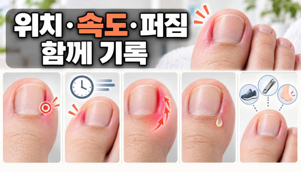 내성발톱 염증, 위치·속도·퍼짐을 함께 기록를 설명하는 비그래픽 교육 이미지
