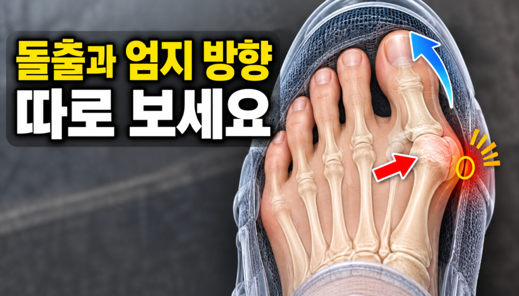 무지외반증과 버니언 차이-돌출과 엄지 방향을 따로 보세요를 설명하는 비그래픽 교육 이미지