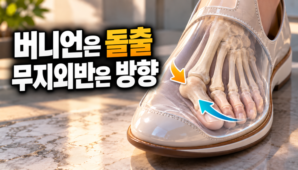 무지외반증과 버니언의 차이-버니언은 돌출, 무지외반증은 방향를 설명하는 비그래픽 교육 이미지