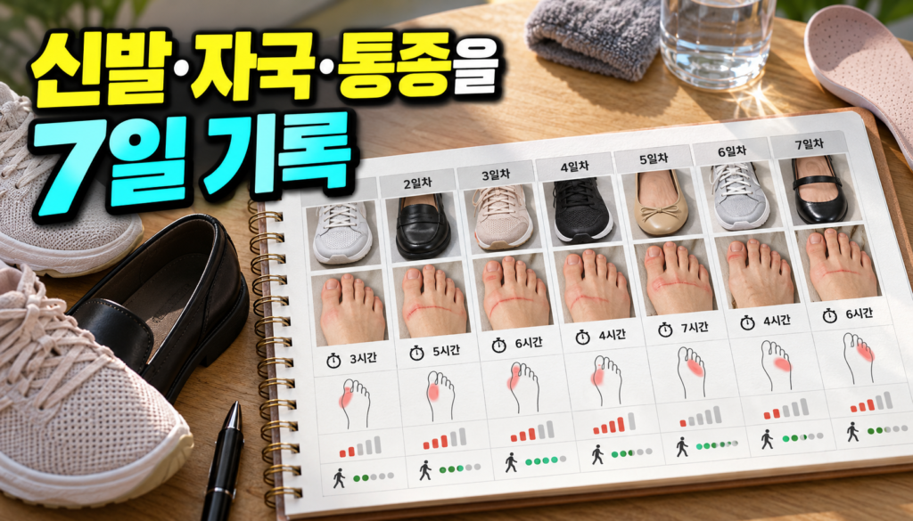 무지외반증 기록-신발·자국·통증을 7일 기록를 설명하는 비그래픽 교육 이미지