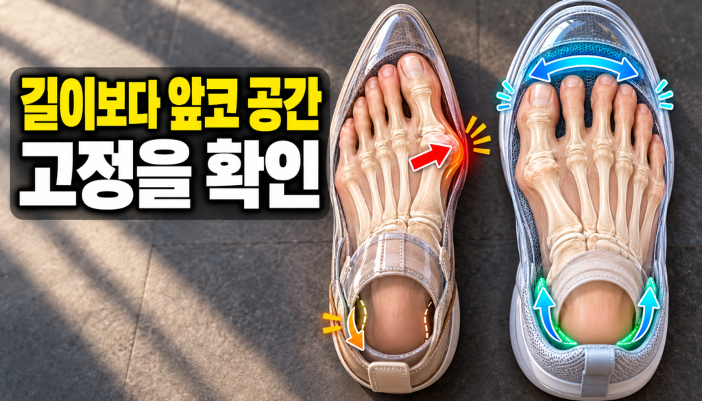 무지외반증 신발-길이보다 앞코 공간과 고정을 확인를 설명하는 비그래픽 교육 이미지